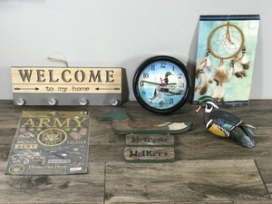 lot 227 image: Army Stickers - Mallard Duck Clock - Welcome Signs - Wood Duck Figurine - Dreamcatcher