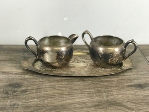 lot 242 image: Vintage Creamer Sugar Bowl Tray Silverplate Silver On Copper Set Of 3 - B. Rogers Silver Co. 1102