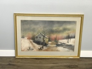 lot 247 image: Framed Print of Old Homestead Cabin by a Creek