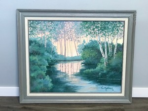 lot 248 image: Framed Signed Painting on Canvas of Pond with Birch Trees by C. Mattison