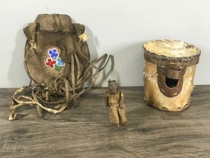 lot 281 image: Lot of Vintage Native American Collectibles - Leather Medicine Bag - Chief Doll - Not Sure what the piece is that is made out of birch bark