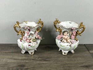 lot 385 image: 2 - VTG UCAGCO PORCELAIN Ornate VASES CHERUB BABY GOLD Trim