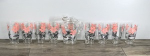 lot 401 image: Vintage Beverage Glass Tumblers and Pitcher, Pink & Black Flowers