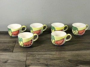 lot 428 image: 6 - Hand Painted Ceramic Coffee Cups with Fruit Design on the Side