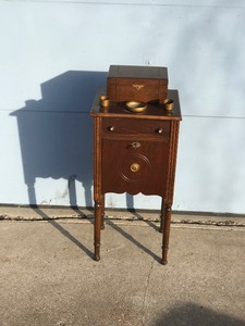lot 13 image: Vintage Solid Wood Smokers Table with Skeleton Key for Bottom Cabinet Drawer