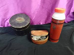 lot 62 image: Antique primitive gentlemens collar box, vintage electric razor and vintage thermos