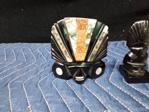 lot 75 image: Vintage carved onyx with abalone accents art decor of Aztek mask and Black Obsidian hand carved figurine