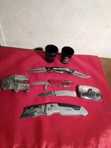 lot 48 image:  belt buckles made in USA, 3 Knives, 1 Husky box cutter, and 2 shot glasses