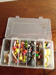 lot 96 image: Tackle box of jigs, hooks, sinkers and more