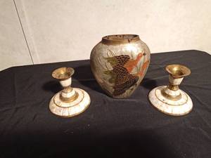 lot 111 image: Brass vase and a pair of candle sticks with Mother of Pearl inlay