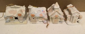 lot 306 image: Precious Moments Vintage Ornaments Chapel Item#528021, Trainstation Item#184101, House Item#150231, and Chapel Item#530484