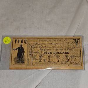 lot 67 image: $5 1862 Treasury Warrant Note