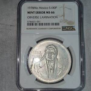 lot 73 image: 1978 MO Mexico $100 P NGC Mint Error MS66 Obverse Lamination