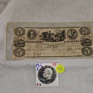 lot 90 image: 1976 S Proof Ike Silver Dollar and Mississippi and Alabama Railroad Note
