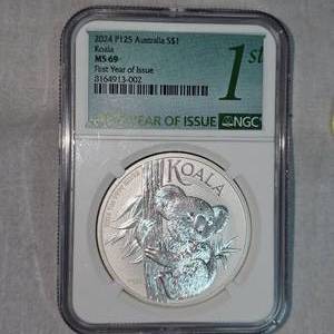 lot 95 image: NGC MS69 Rare 1st Year Issue Koala, Silver Round
