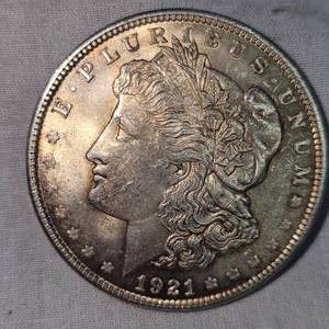 lot 58 image: 1921 Morgan Dollar $1 AU with Gold Toning, Beautiful Coin