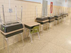 lot 53 image: by Rm 204 - 17 flip top desks and 1 chair