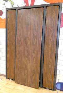 lot 66 image: Rm 202 - murphy bed style cafeteria tables 7 ft x 30 in tables folds out to 14 ft - walnut