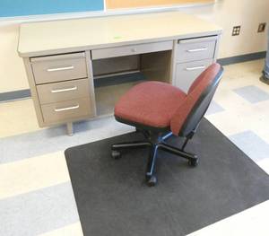 lot 144 image: Rm 213 - steel desk, chair, file cabinet and mat