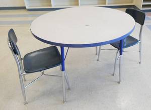 lot 177 image: Rm 217 - blue edge table 42 inch and 2 chairs