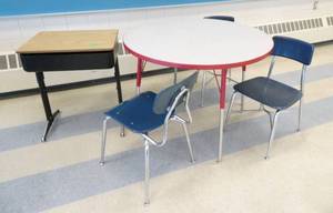 lot 178 image: Rm 217 - red edge table 42 inch, 2 chairs and desk