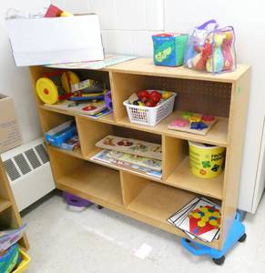 lot 210 image: ECFE - Bookshelf and contents on 2 scooters