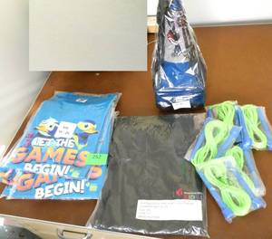 lot 252 image: GymO- New jump ropes, small safety cones,5 youth tshirts adult 2x windshirt
