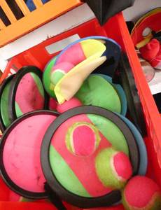 lot 267 image: GymS- velcro mits, soft baseballs and flags, yoga mats