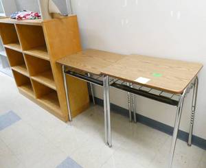 lot 347 image: Rm 111B - 2 light standsdesks and a wood bookcase 48x15x43