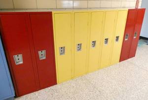lot 402 image: by 102 - Clean, 9 Red and Yellow lockers 12 inches wide 48 tall