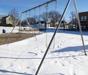 lot 128 image: Outside - Commercial School Playground 3-spot SWING SET with swing, bar and rings