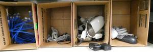 lot 495 image: Rm 102 - Shelf of ethernet and usb cords, mice and bar code scanners