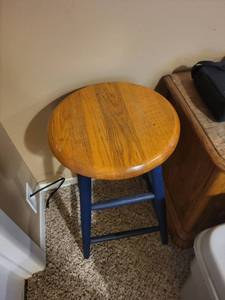lot 224 image: Pair of Wooden Bar Stools with Blue Legs