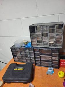 lot 209 image: Lot of Hardware Storage Bins with Assorted Screws and Gorilla Ladders Case