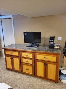 lot 232 image: Large Wood Storage Cabinet with Drawers and Marble-Look Top