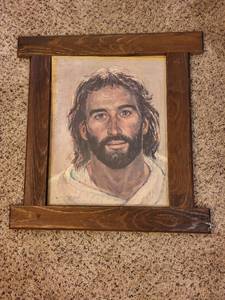 lot 260 image: Framed R. Hook Portrait of Jesus Print with Rustic Wood Frame
