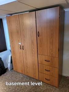 lot 270 image: Large Woodgrain Wardrobe Cabinet with Shelves and Drawers, 60x20x72 Inches