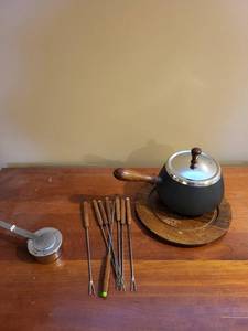 lot 283 image: Vintage Fondue Pot Set with Wood Handles and Skewers