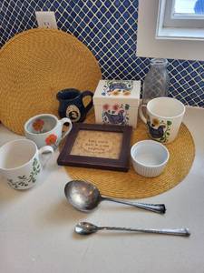 lot 304 image: Kitchenware Collection with Coffee Mugs, Glass Bottle, Framed Quote, and Utensils