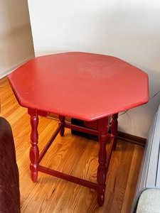 lot 4 image: Red Hexagonal Wooden Side Table, 24x25x29 Inches
