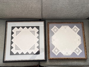 lot 9 image: Pair of Framed Handcrafted White Lace Doilies