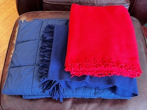 lot 12 image: Set of 2 Blankets Blue and Red with Fringe and Decorative Edge