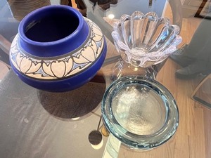lot 48 image: Set of 3 Decorative Bowls Blue Art Pottery, Clear Glass, and Aqua Glass