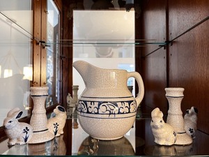 lot 52 image: Blue and White Crackle Glaze Ceramic Pitcher and Bunny Candlestick Holders Set