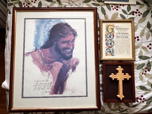 lot 67 image: Religious Wall Art Lot Framed Jesus Portrait, Serenity Prayer, and Ornate Cross Plaque