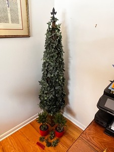 lot 75 image: Artificial Topiary Ivy Plant with Red Pots, Decorative Picks, and Taper Candles Set