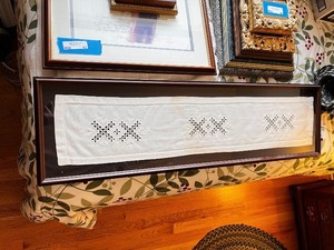 lot 82 image: Framed Vintage Hand-Embroidered Linen Table Runner with Cutwork