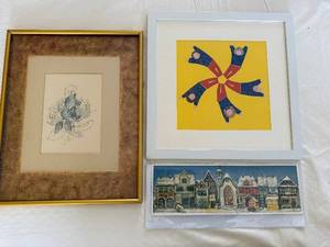 lot 129 image: Framed Art Prints Set of 3 - Botanical Sketch, Bright Yellow Abstract & Town Scene