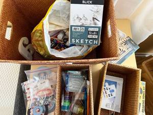 lot 150 image: Winsor & Newton Cotman Watercolour 15-color Set with Blick Sketchboo, Pencil Kit, and Various Craft Supplies in Bins