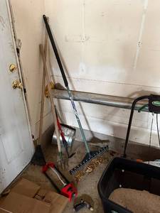 lot 402 image: Scotts Elite Spreader  Garden Tools Lot - Rakes, Shovel, Hoe